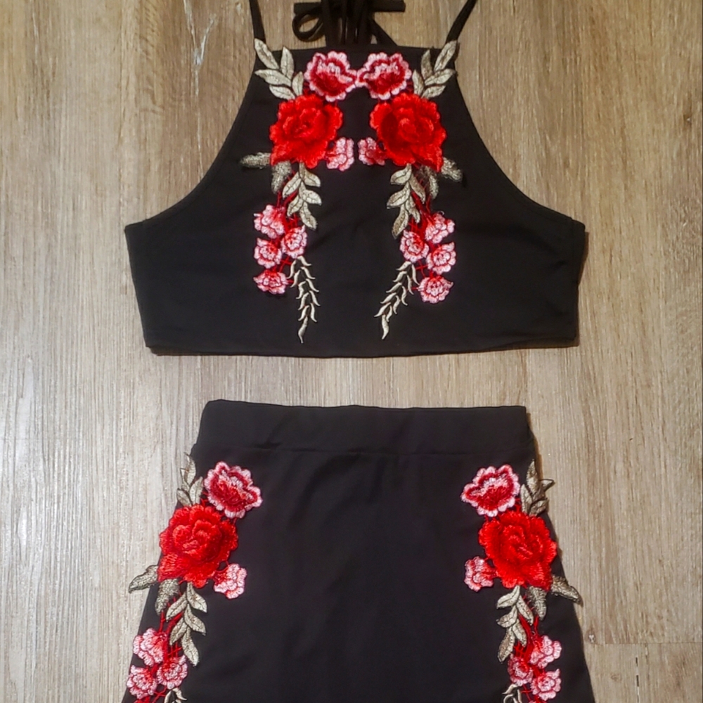 Embroidered Floral Two Piece Set